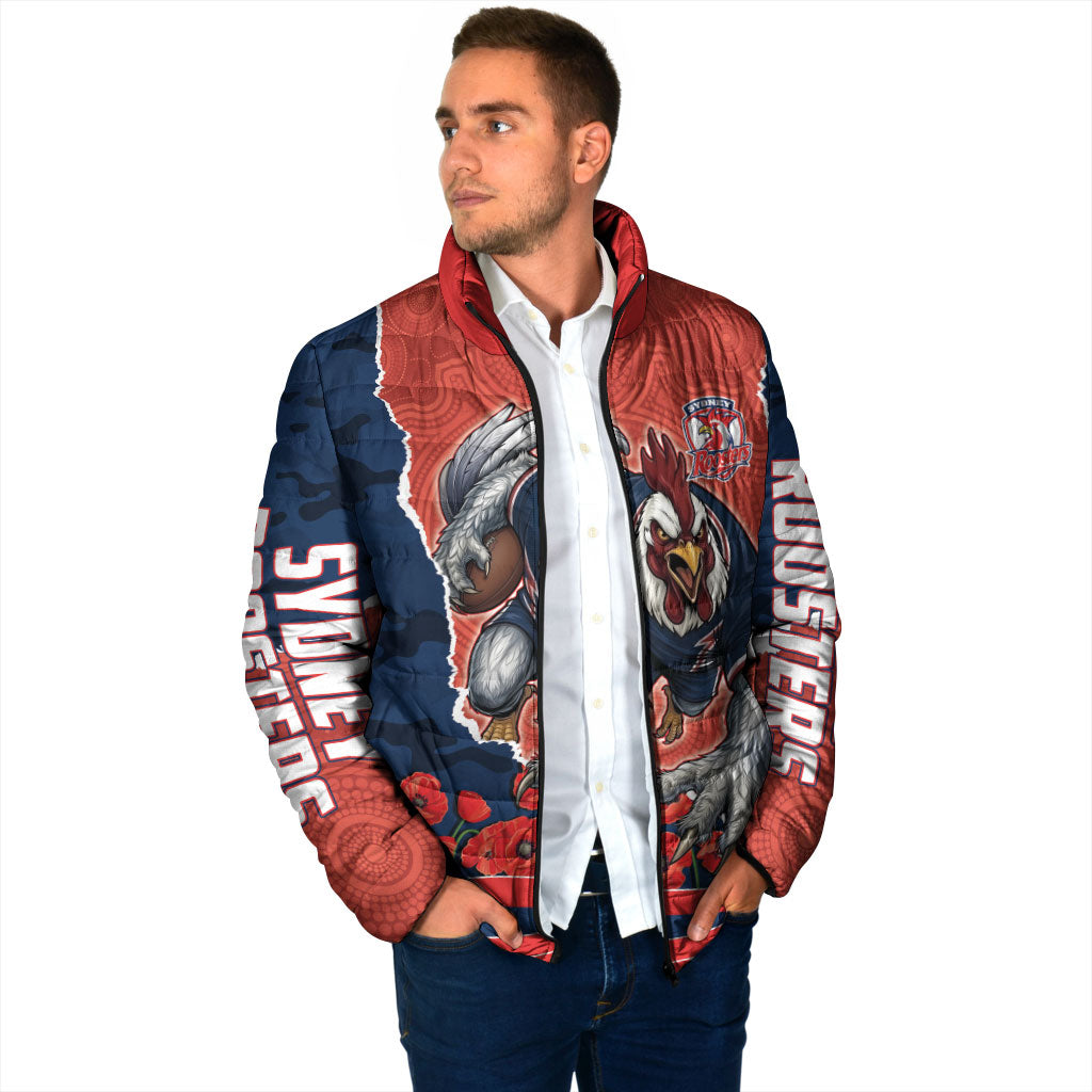 Personalized Sydney Roosters ANZAC Tribute Padded Jacket Poppy Field Soldier Silhouette Aboriginal Rugby Mascot