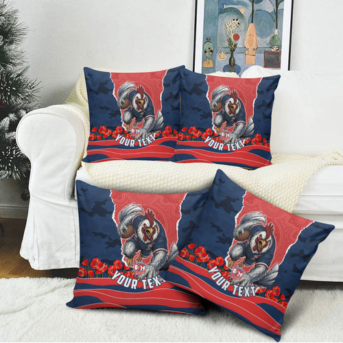 Personalized Sydney Roosters ANZAC Tribute Pillow Cover Poppy Field Soldier Silhouette Aboriginal Rugby Mascot