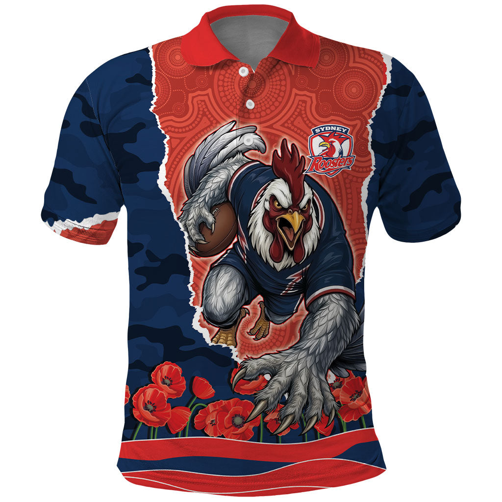 Personalized Sydney Roosters ANZAC Tribute Polo Shirt Poppy Field Soldier Silhouette Aboriginal Rugby Mascot