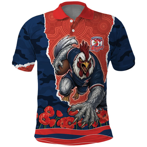 Personalized Sydney Roosters ANZAC Tribute Polo Shirt Poppy Field Soldier Silhouette Aboriginal Rugby Mascot