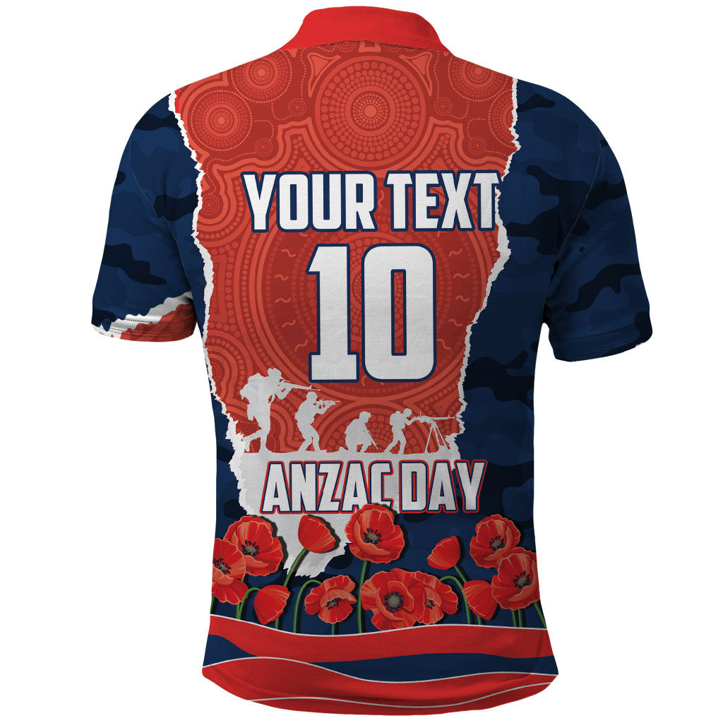 Personalized Sydney Roosters ANZAC Tribute Polo Shirt Poppy Field Soldier Silhouette Aboriginal Rugby Mascot