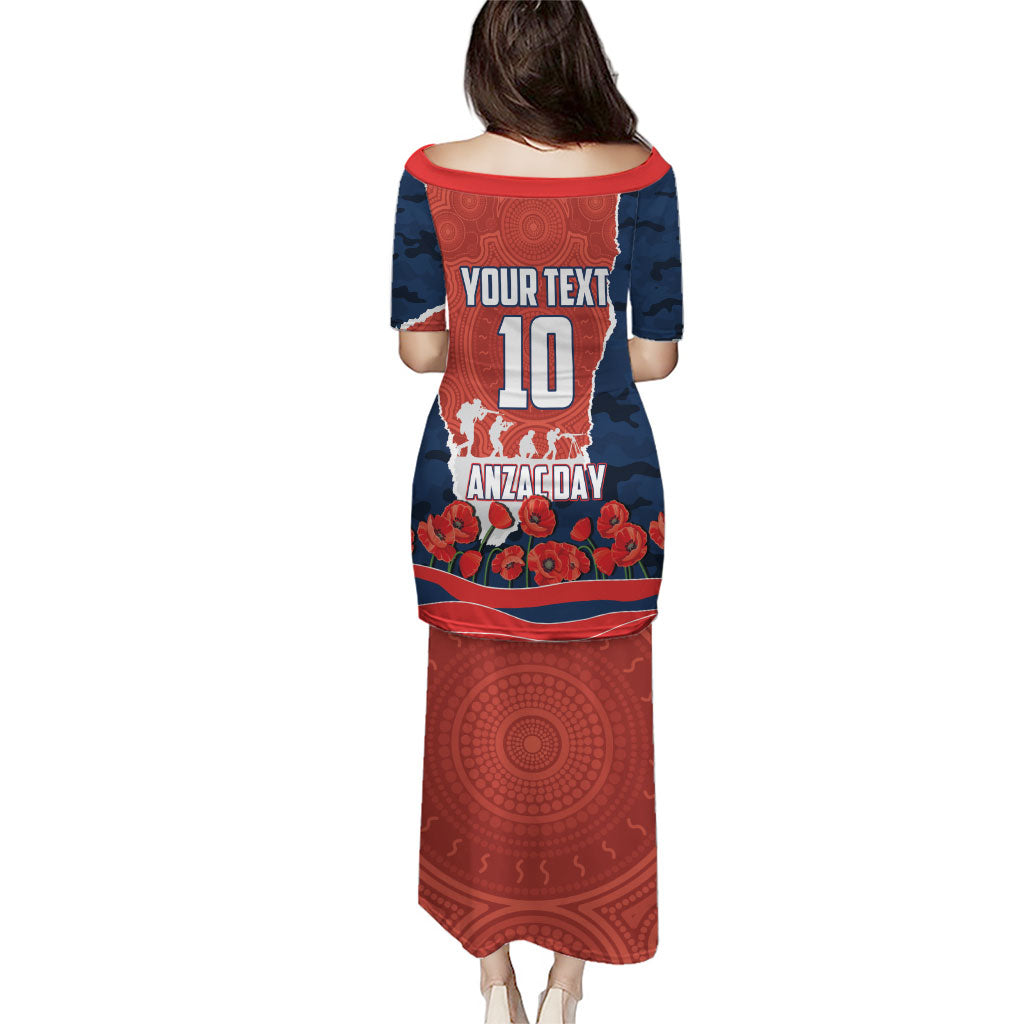 Personalized Sydney Roosters ANZAC Tribute Puletasi Poppy Field Soldier Silhouette Aboriginal Rugby Mascot