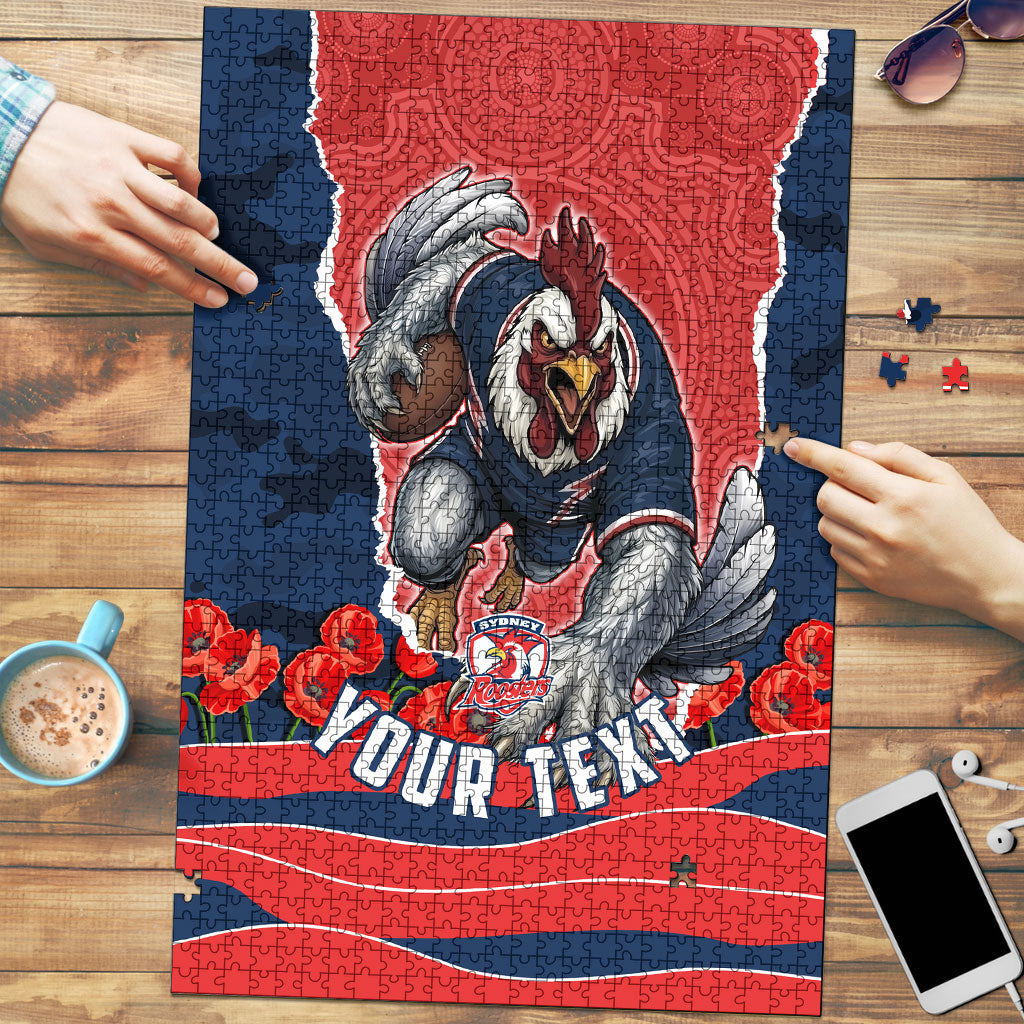 Personalized Sydney Roosters ANZAC Tribute Puzzle Poppy Field Soldier Silhouette Aboriginal Rugby Mascot