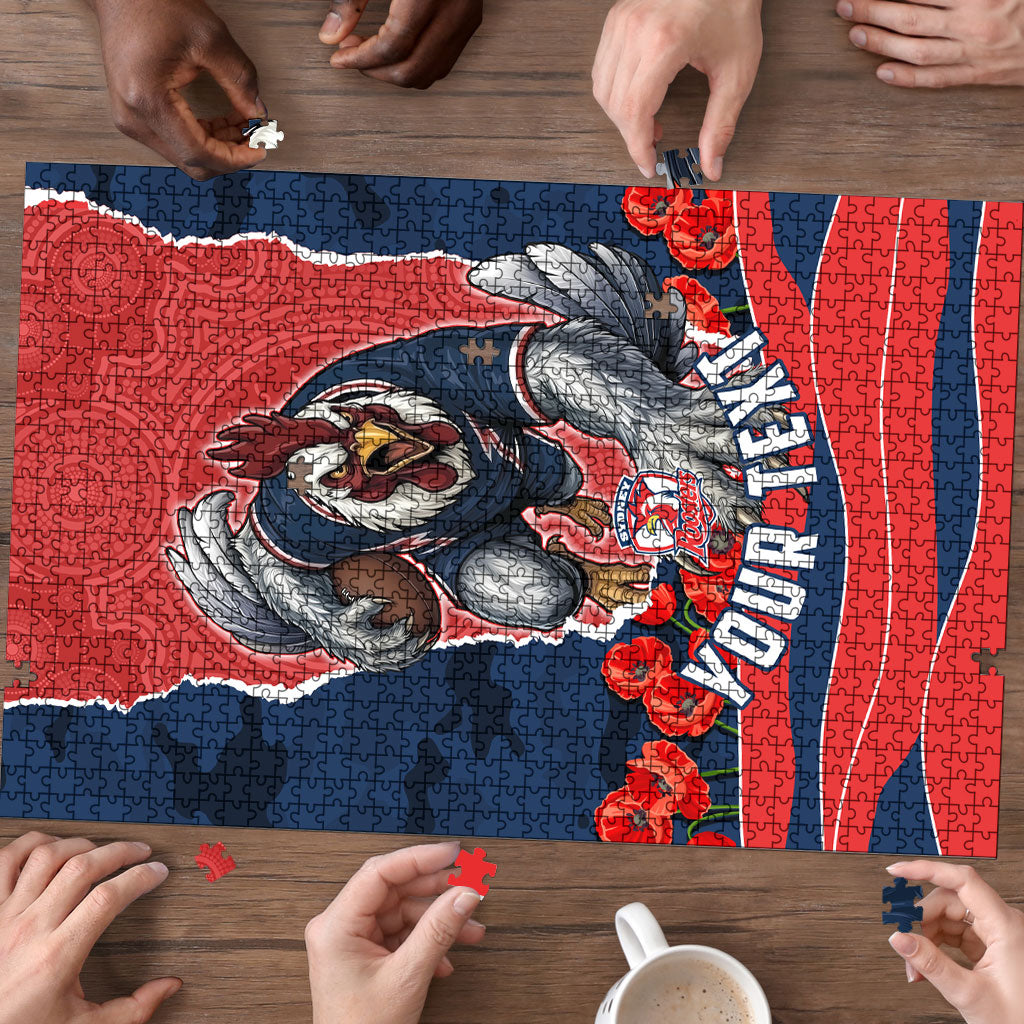 Personalized Sydney Roosters ANZAC Tribute Puzzle Poppy Field Soldier Silhouette Aboriginal Rugby Mascot