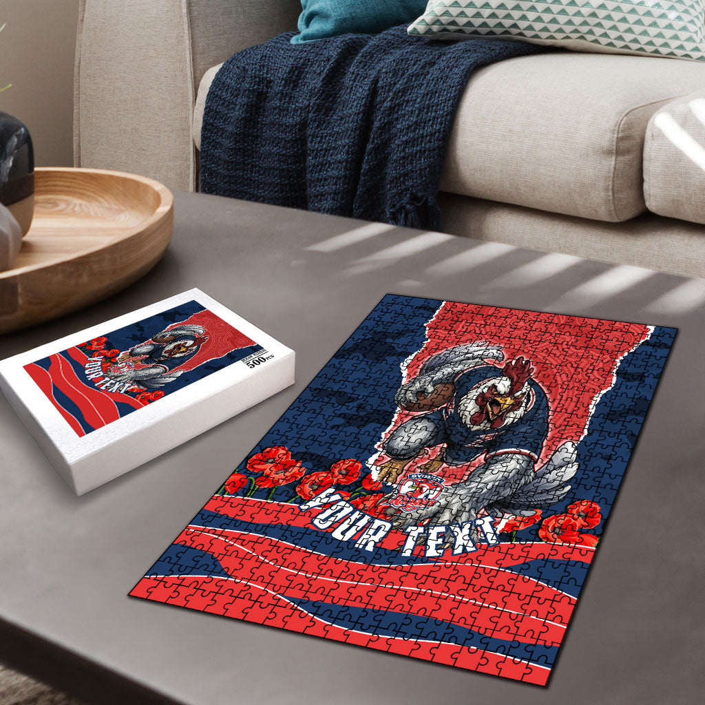 Personalized Sydney Roosters ANZAC Tribute Puzzle Poppy Field Soldier Silhouette Aboriginal Rugby Mascot