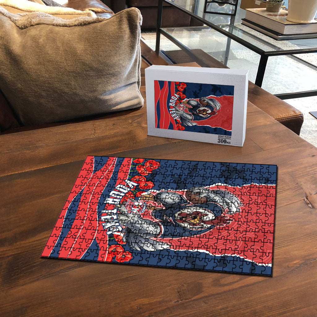 Personalized Sydney Roosters ANZAC Tribute Puzzle Poppy Field Soldier Silhouette Aboriginal Rugby Mascot