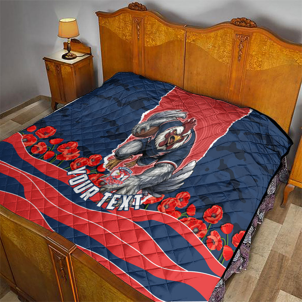 Personalized Sydney Roosters ANZAC Tribute Quilt Poppy Field Soldier Silhouette Aboriginal Rugby Mascot