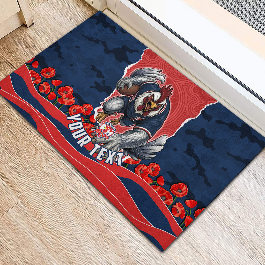 Personalized Sydney Roosters ANZAC Tribute Rubber Doormat Poppy Field Soldier Silhouette Aboriginal Rugby Mascot