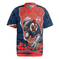 Personalized Sydney Roosters ANZAC Tribute Rugby Jersey Poppy Field Soldier Silhouette Aboriginal Rugby Mascot