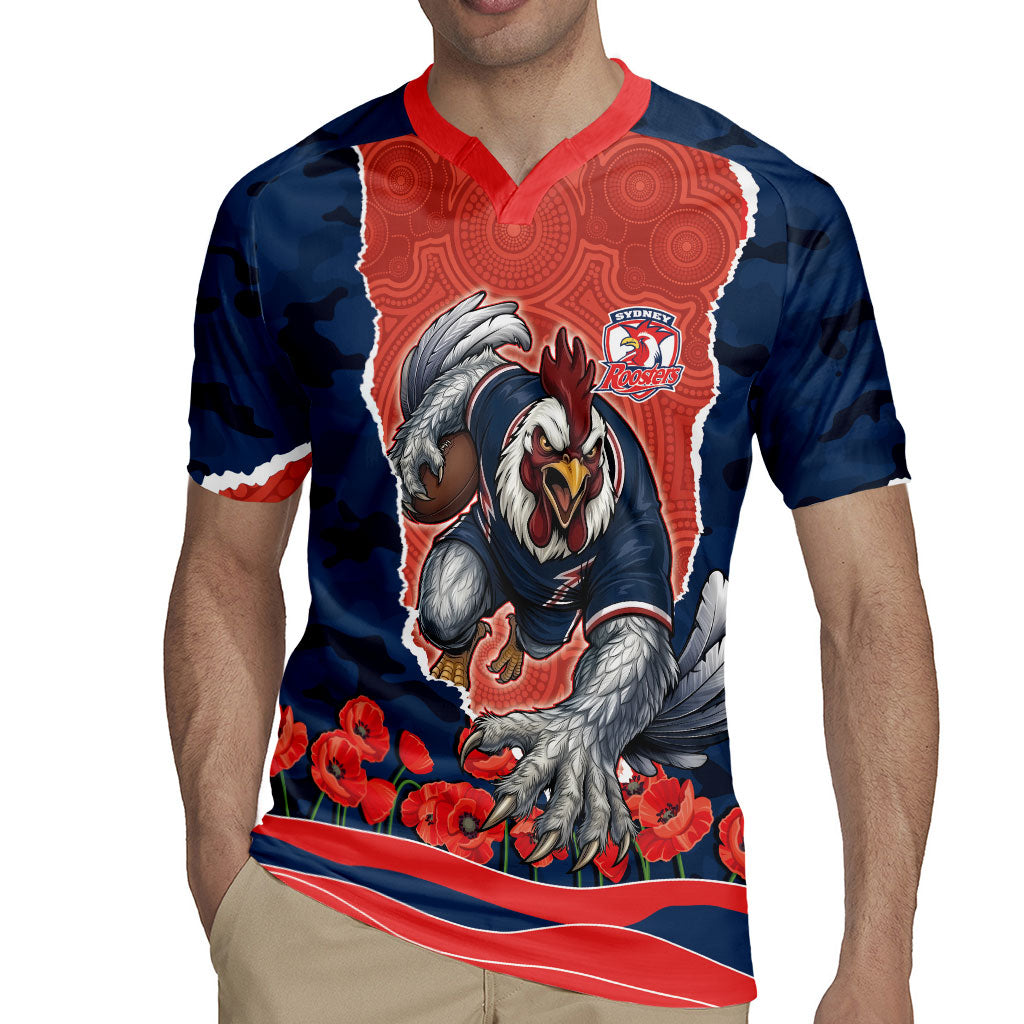 Personalized Sydney Roosters ANZAC Tribute Rugby Jersey Poppy Field Soldier Silhouette Aboriginal Rugby Mascot