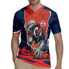Personalized Sydney Roosters ANZAC Tribute Rugby Jersey Poppy Field Soldier Silhouette Aboriginal Rugby Mascot