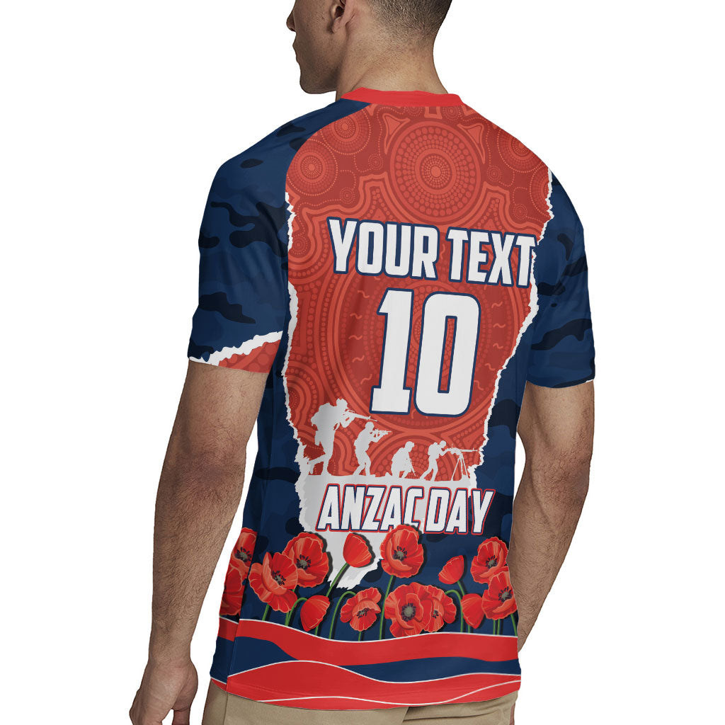 Personalized Sydney Roosters ANZAC Tribute Rugby Jersey Poppy Field Soldier Silhouette Aboriginal Rugby Mascot