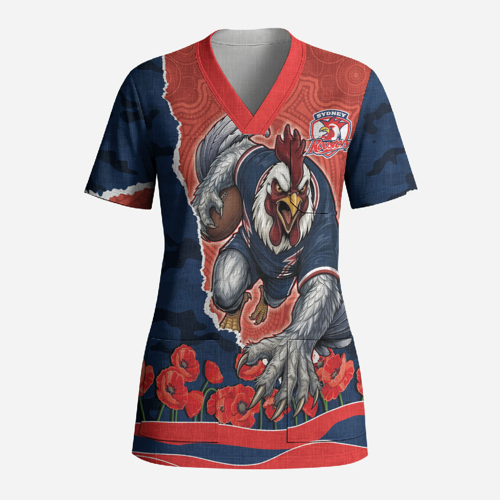 Personalized Sydney Roosters ANZAC Tribute Scrub Top Poppy Field Soldier Silhouette Aboriginal Rugby Mascot