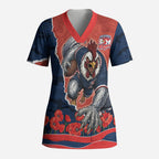 Personalized Sydney Roosters ANZAC Tribute Scrub Top Poppy Field Soldier Silhouette Aboriginal Rugby Mascot
