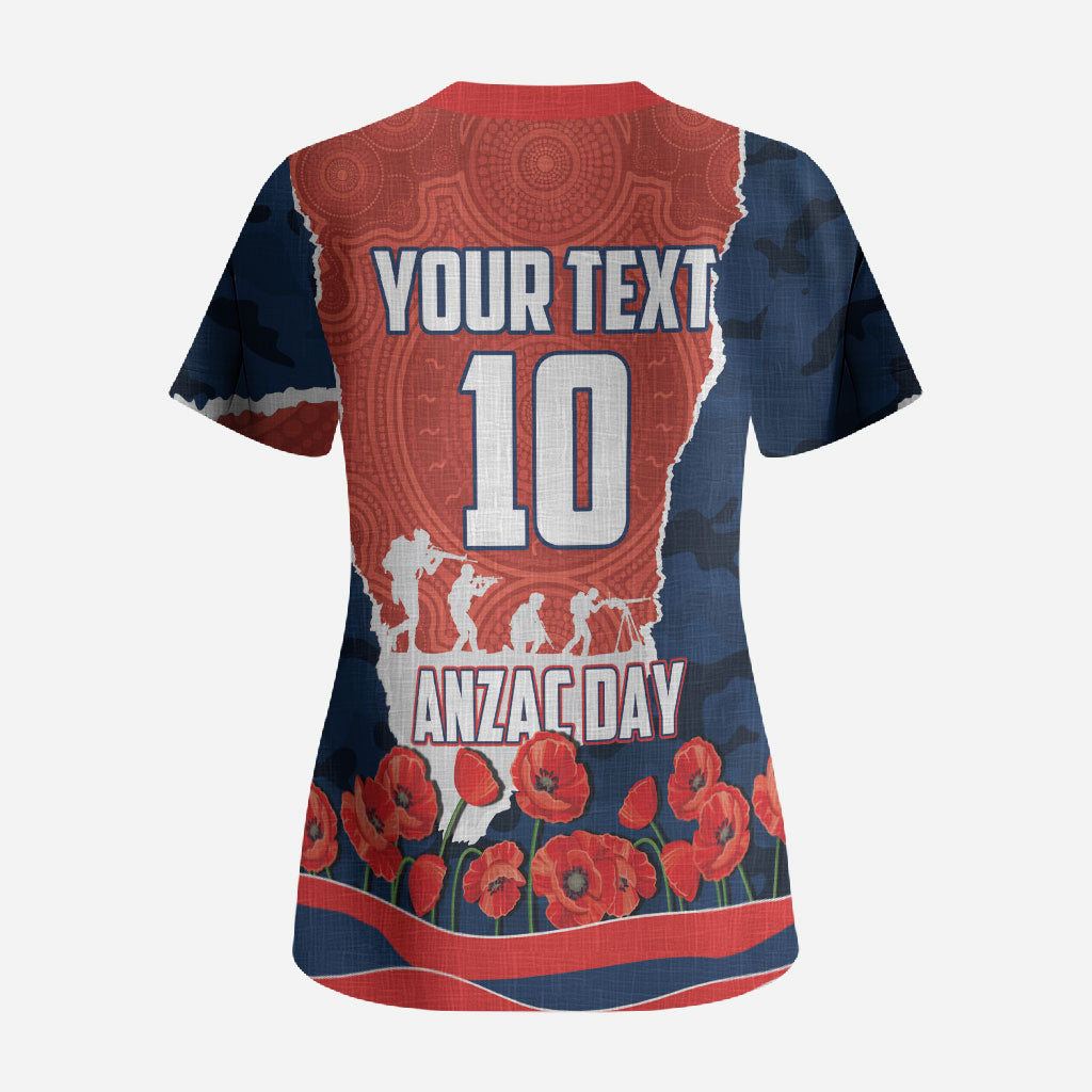 Personalized Sydney Roosters ANZAC Tribute Scrub Top Poppy Field Soldier Silhouette Aboriginal Rugby Mascot