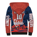 Personalized Sydney Roosters ANZAC Tribute Sherpa Hoodie Poppy Field Soldier Silhouette Aboriginal Rugby Mascot