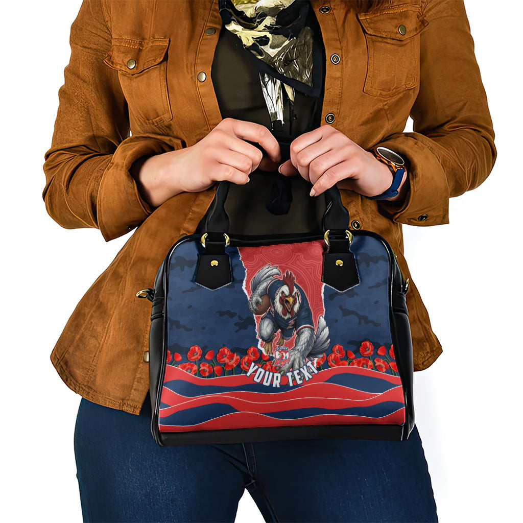 Personalized Sydney Roosters ANZAC Tribute Shoulder Handbag Poppy Field Soldier Silhouette Aboriginal Rugby Mascot