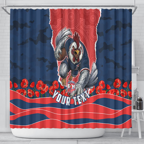 Personalized Sydney Roosters ANZAC Tribute Shower Curtain Poppy Field Soldier Silhouette Aboriginal Rugby Mascot