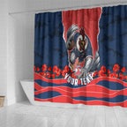 Personalized Sydney Roosters ANZAC Tribute Shower Curtain Poppy Field Soldier Silhouette Aboriginal Rugby Mascot
