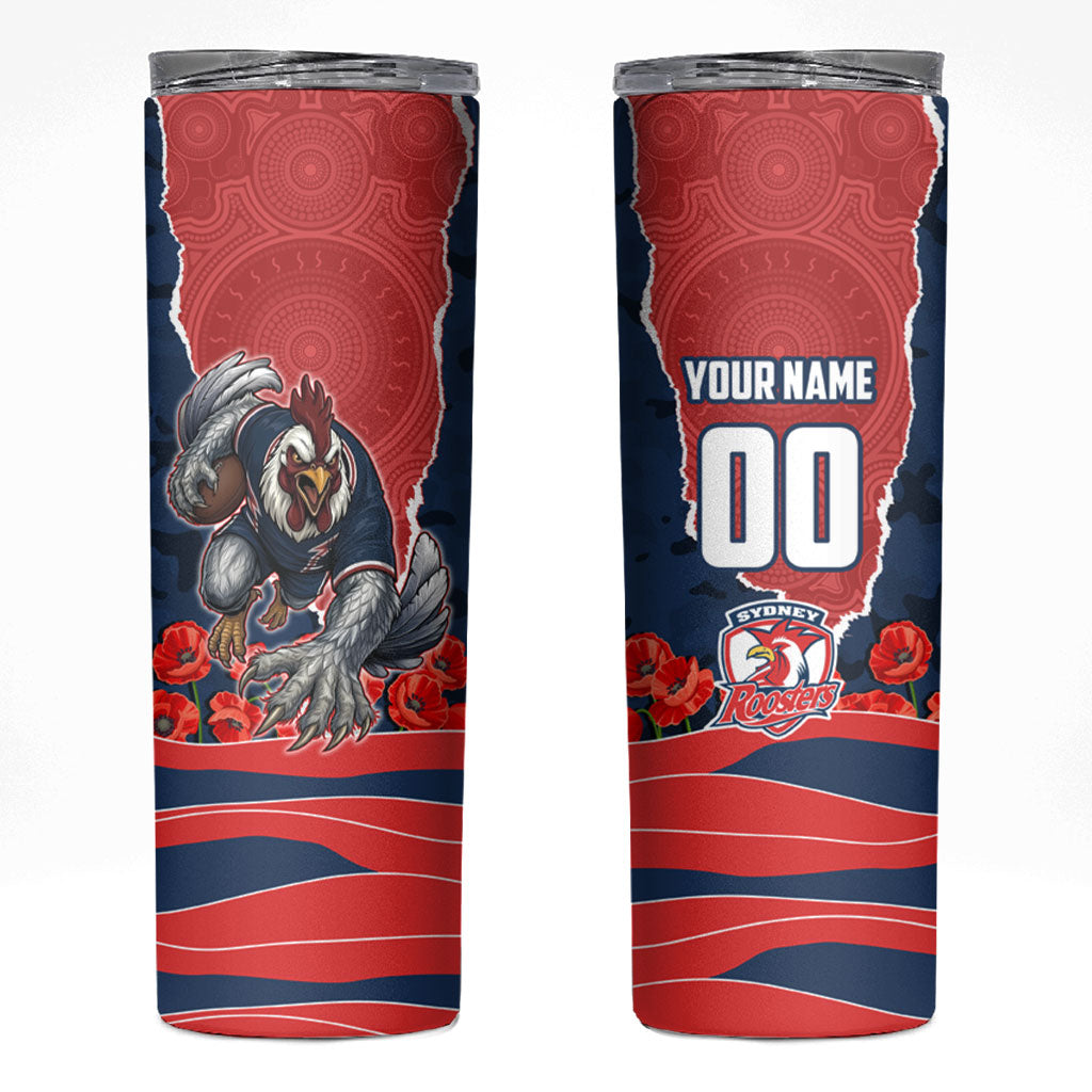 Personalized Sydney Roosters ANZAC Tribute Skinny Tumbler Poppy Field Soldier Silhouette Aboriginal Rugby Mascot