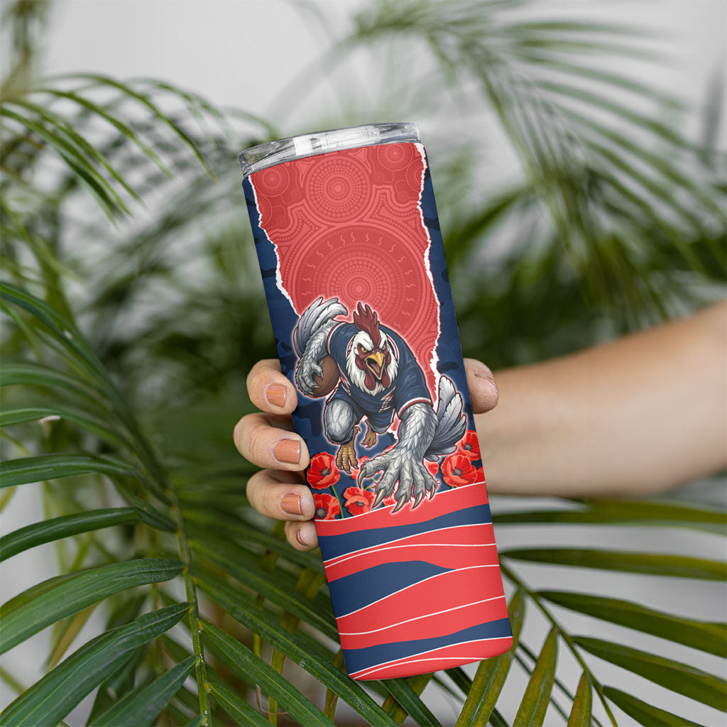 Personalized Sydney Roosters ANZAC Tribute Skinny Tumbler Poppy Field Soldier Silhouette Aboriginal Rugby Mascot