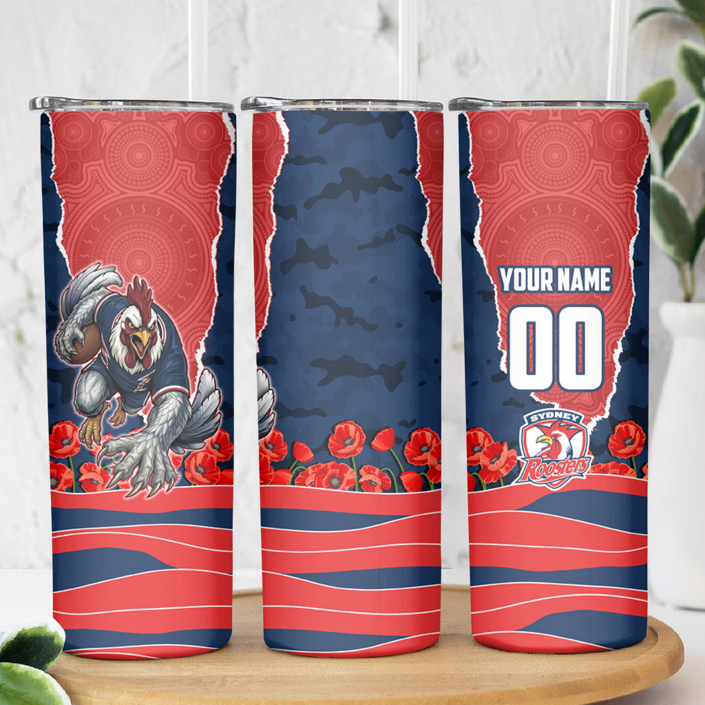 Personalized Sydney Roosters ANZAC Tribute Skinny Tumbler Poppy Field Soldier Silhouette Aboriginal Rugby Mascot