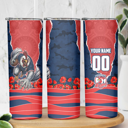 Personalized Sydney Roosters ANZAC Tribute Skinny Tumbler Poppy Field Soldier Silhouette Aboriginal Rugby Mascot