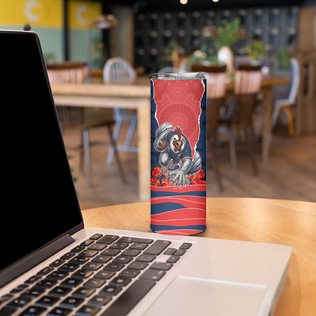 Personalized Sydney Roosters ANZAC Tribute Skinny Tumbler Poppy Field Soldier Silhouette Aboriginal Rugby Mascot