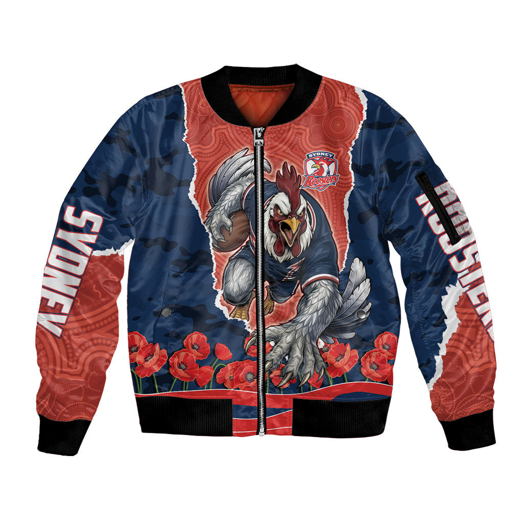 Personalized Sydney Roosters ANZAC Tribute Sleeve Zip Bomber Jacket Poppy Field Soldier Silhouette Aboriginal Rugby Mascot
