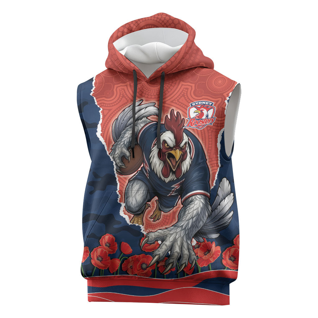 Personalized Sydney Roosters ANZAC Tribute Sleeveless Hoodie Poppy Field Soldier Silhouette Aboriginal Rugby Mascot