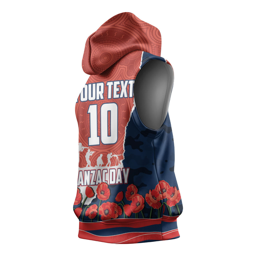 Personalized Sydney Roosters ANZAC Tribute Sleeveless Hoodie Poppy Field Soldier Silhouette Aboriginal Rugby Mascot