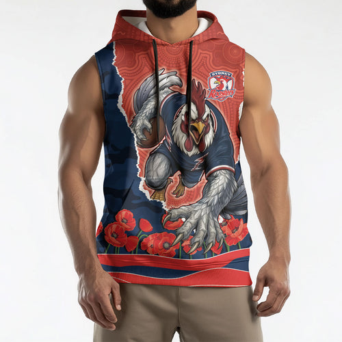 Personalized Sydney Roosters ANZAC Tribute Sleeveless Hoodie Poppy Field Soldier Silhouette Aboriginal Rugby Mascot