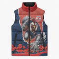 Personalized Sydney Roosters ANZAC Tribute Sleeveless Puffer Jacket Poppy Field Soldier Silhouette Aboriginal Rugby Mascot