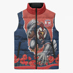 Personalized Sydney Roosters ANZAC Tribute Sleeveless Puffer Jacket Poppy Field Soldier Silhouette Aboriginal Rugby Mascot