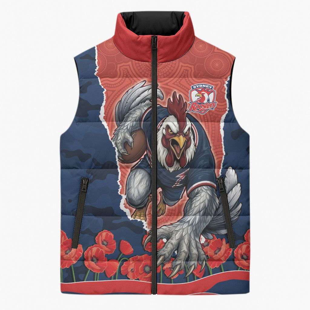 Personalized Sydney Roosters ANZAC Tribute Sleeveless Puffer Jacket Poppy Field Soldier Silhouette Aboriginal Rugby Mascot