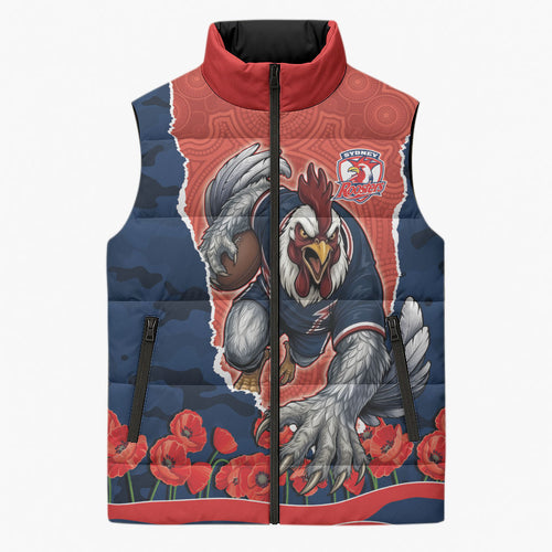 Personalized Sydney Roosters ANZAC Tribute Sleeveless Puffer Jacket Poppy Field Soldier Silhouette Aboriginal Rugby Mascot