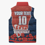 Personalized Sydney Roosters ANZAC Tribute Sleeveless Puffer Jacket Poppy Field Soldier Silhouette Aboriginal Rugby Mascot