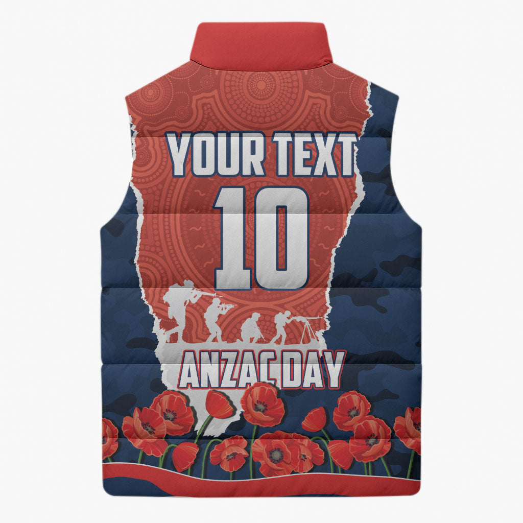 Personalized Sydney Roosters ANZAC Tribute Sleeveless Puffer Jacket Poppy Field Soldier Silhouette Aboriginal Rugby Mascot