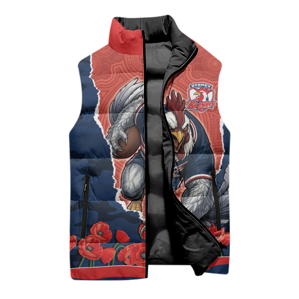 Personalized Sydney Roosters ANZAC Tribute Sleeveless Puffer Jacket Poppy Field Soldier Silhouette Aboriginal Rugby Mascot