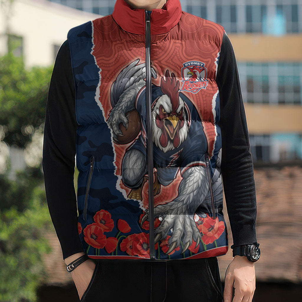 Personalized Sydney Roosters ANZAC Tribute Sleeveless Puffer Jacket Poppy Field Soldier Silhouette Aboriginal Rugby Mascot