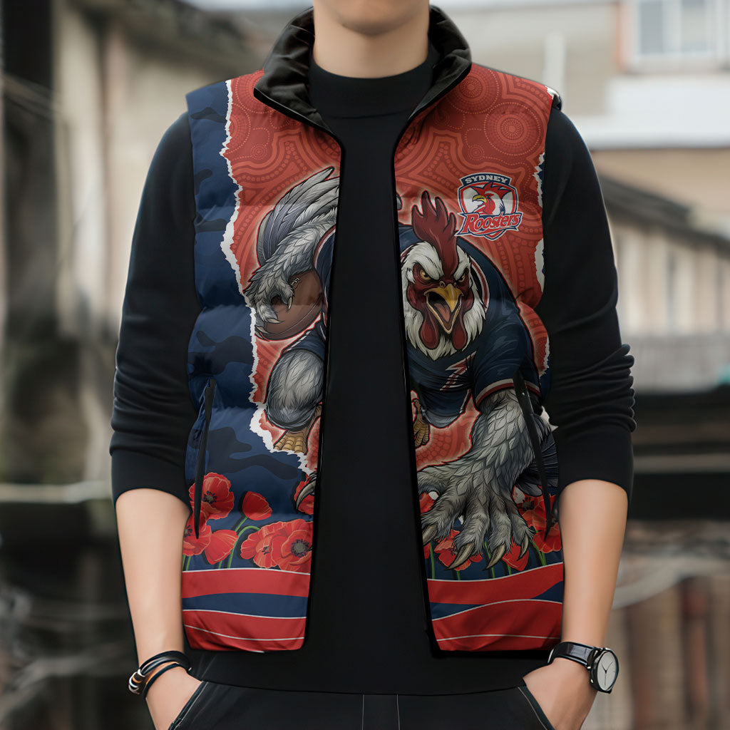 Personalized Sydney Roosters ANZAC Tribute Sleeveless Puffer Jacket Poppy Field Soldier Silhouette Aboriginal Rugby Mascot