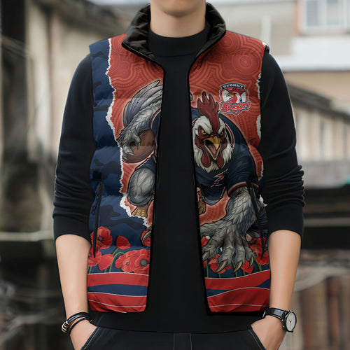 Personalized Sydney Roosters ANZAC Tribute Sleeveless Puffer Jacket Poppy Field Soldier Silhouette Aboriginal Rugby Mascot