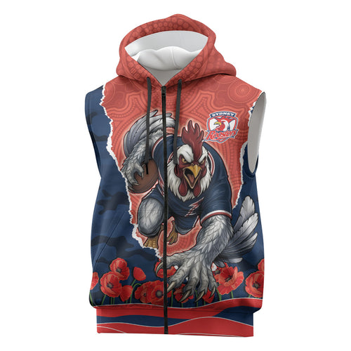 Personalized Sydney Roosters ANZAC Tribute Sleeveless Zip Hoodie Poppy Field Soldier Silhouette Aboriginal Rugby Mascot