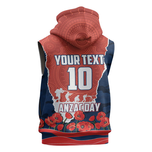 Personalized Sydney Roosters ANZAC Tribute Sleeveless Zip Hoodie Poppy Field Soldier Silhouette Aboriginal Rugby Mascot