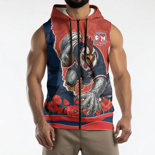 Personalized Sydney Roosters ANZAC Tribute Sleeveless Zip Hoodie Poppy Field Soldier Silhouette Aboriginal Rugby Mascot