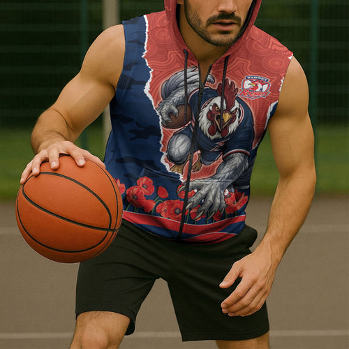 Personalized Sydney Roosters ANZAC Tribute Sleeveless Zip Hoodie Poppy Field Soldier Silhouette Aboriginal Rugby Mascot