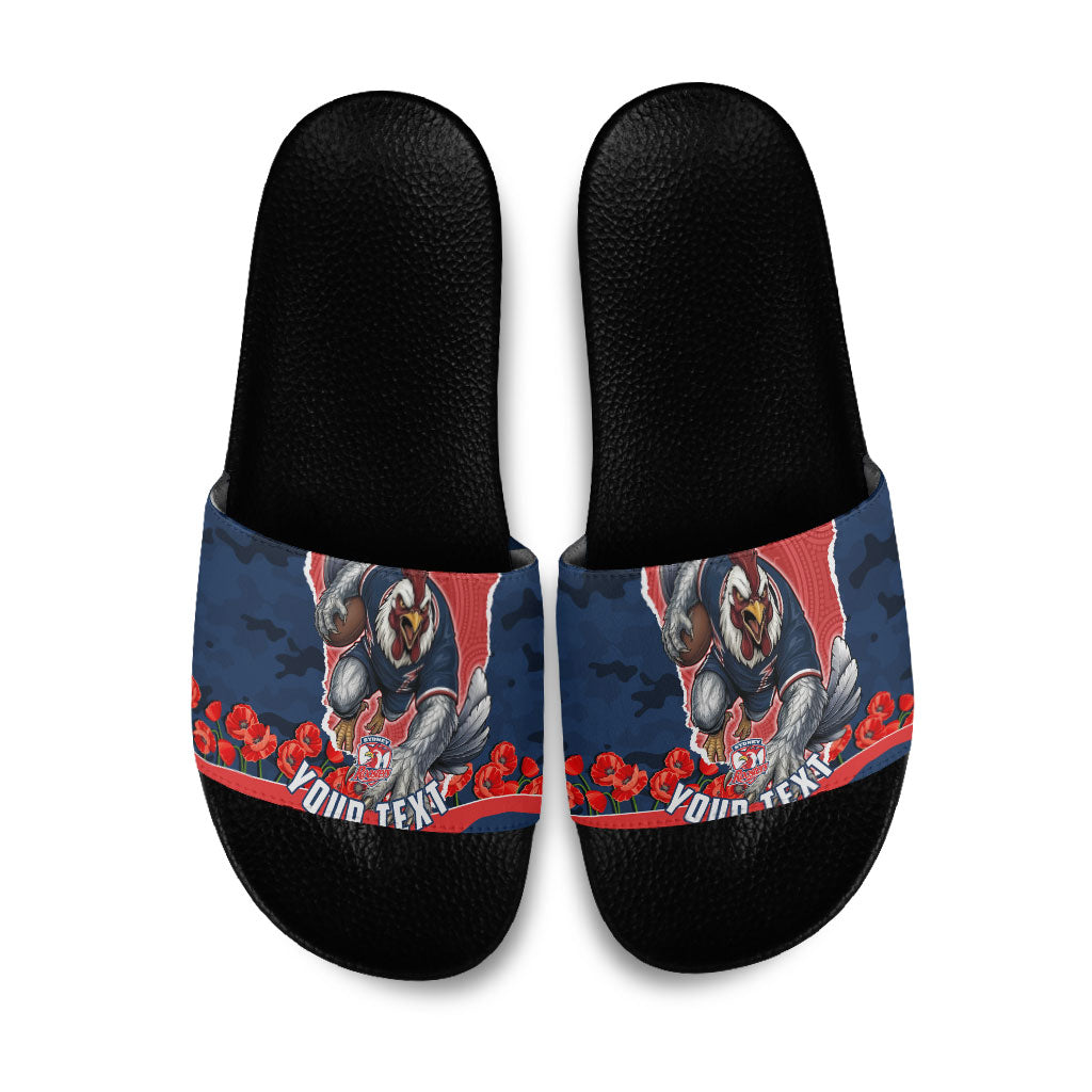Personalized Sydney Roosters ANZAC Tribute Slide Sandals Poppy Field Soldier Silhouette Aboriginal Rugby Mascot