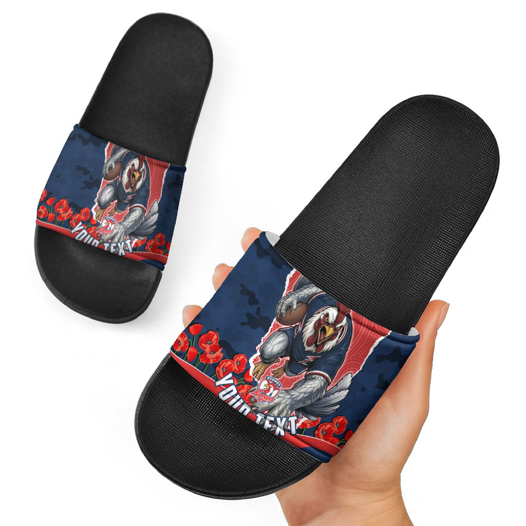 Personalized Sydney Roosters ANZAC Tribute Slide Sandals Poppy Field Soldier Silhouette Aboriginal Rugby Mascot