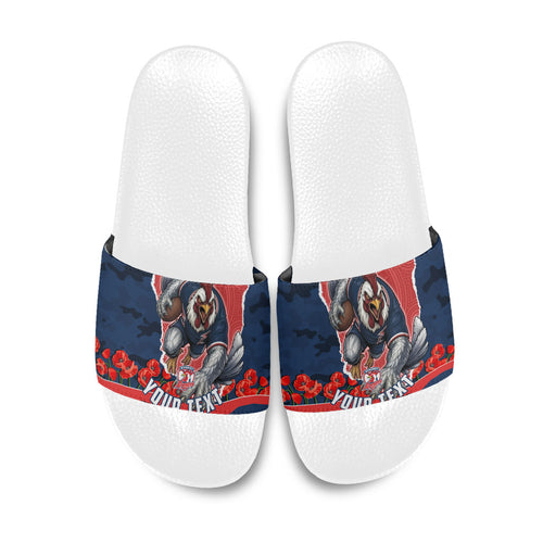 Personalized Sydney Roosters ANZAC Tribute Slide Sandals Poppy Field Soldier Silhouette Aboriginal Rugby Mascot