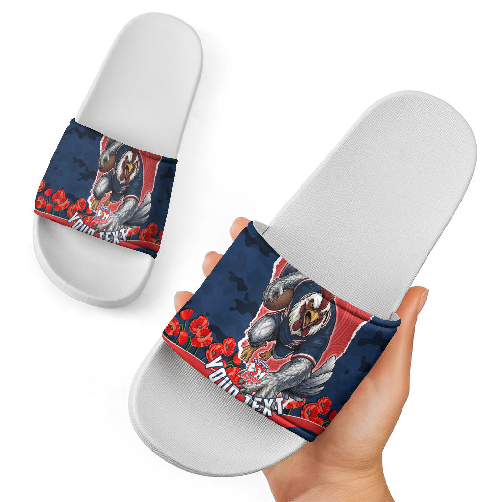 Personalized Sydney Roosters ANZAC Tribute Slide Sandals Poppy Field Soldier Silhouette Aboriginal Rugby Mascot